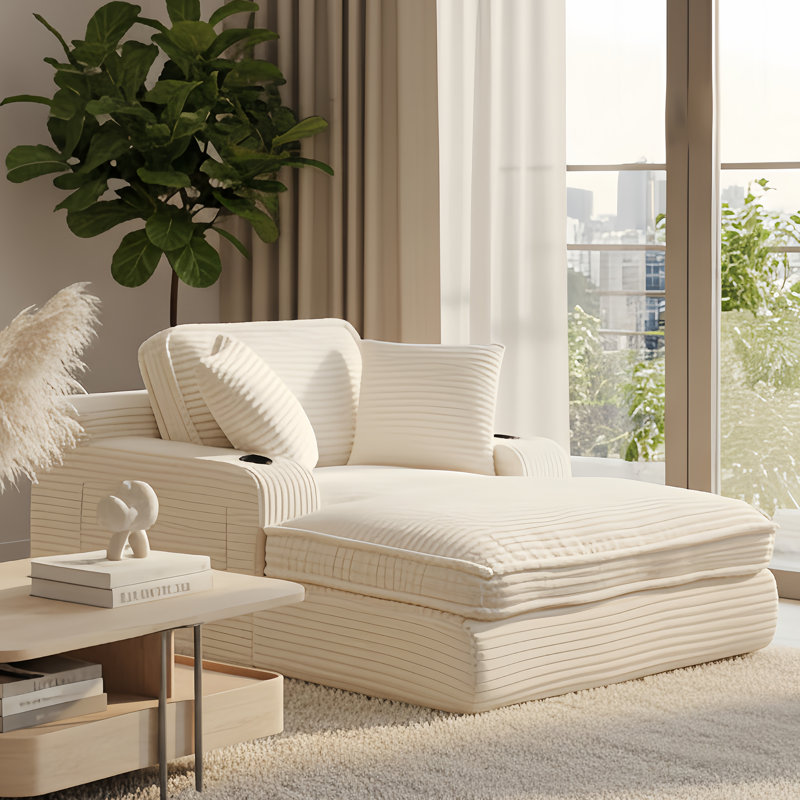 Boneless Plush Corduroy Upholstered Convertible Sofa Bed with Double Cushions, Cup Holders & Pillows — No Assembly Sleeper Chair