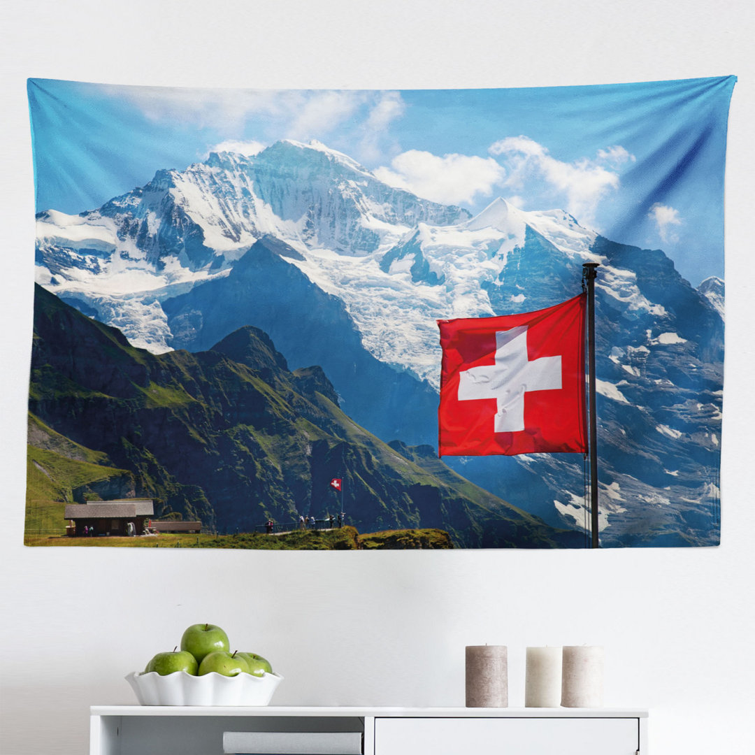 Wandbehang Mannlichen Jungfrau Region Berge mit Schnee und Nationalflagge Frühlingssaison