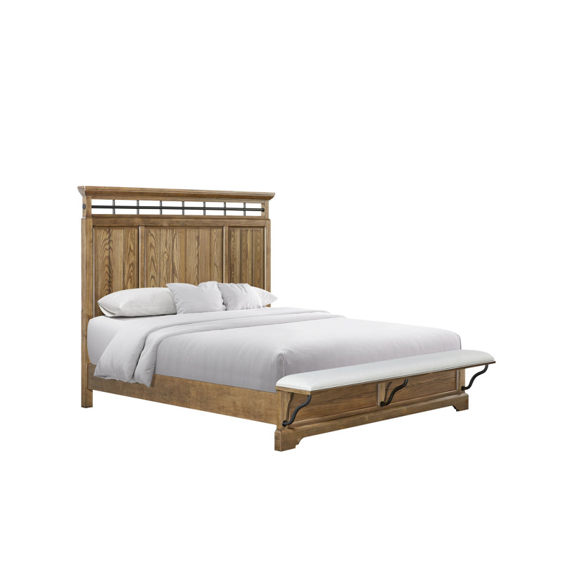 Grand lit à panneau avec banc, finition en bois massif et panneaux alignés verticalement sur la tête de lit, détails décoratifs en métal sur la traverse supérieure, profondeur 95,14 po, largeur 65,02, hauteur 69,54, poids 146,32 lb
