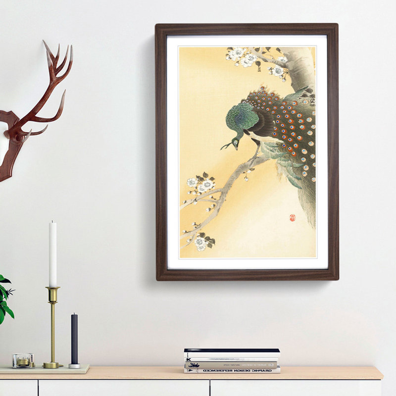 Peacock on a Cherry Blossom Tree by Ohara Koson - Picture Frame Painting Print, Walnut Framed, 36cm H x 27cm W x 2cm D