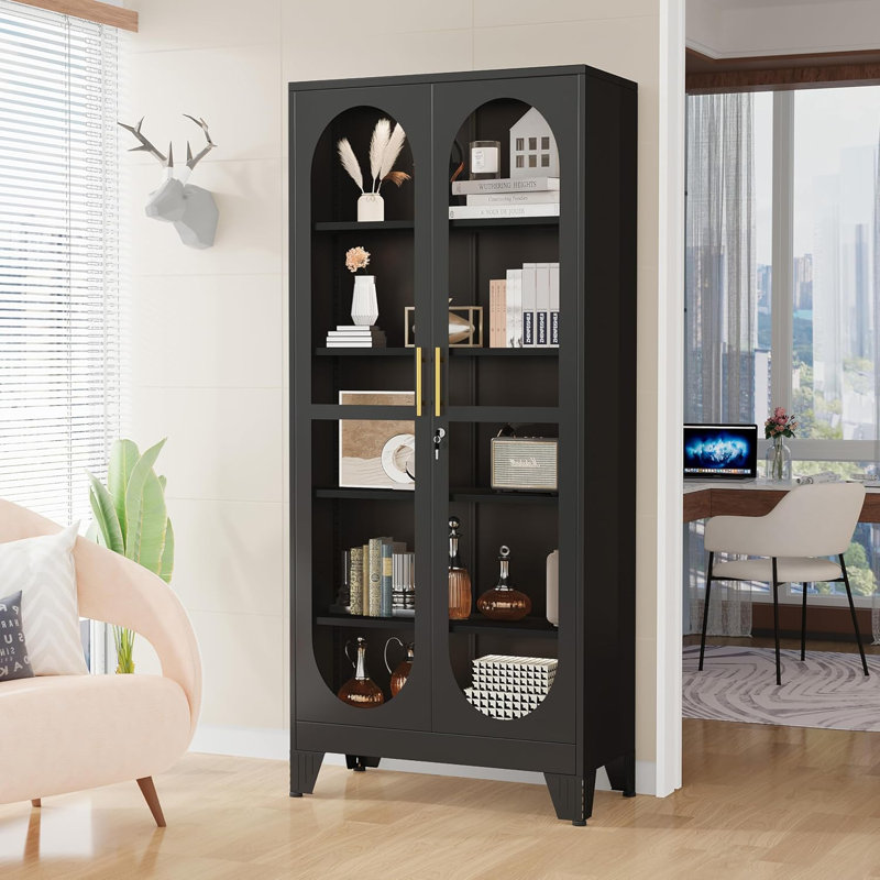71" Tall Display Cabinet with Glass Door, 5 Tier Metal Curio Cabinet with 4 Adjustable Shelves, Locking Glass Display Case for Collectibles, Showcase Storage Cabinets for Showroom Clinic, White