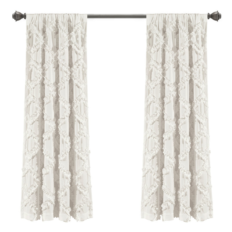 Ruffle Diamond Semi Sheer Curtain Pair, White, 54" W x 63" L