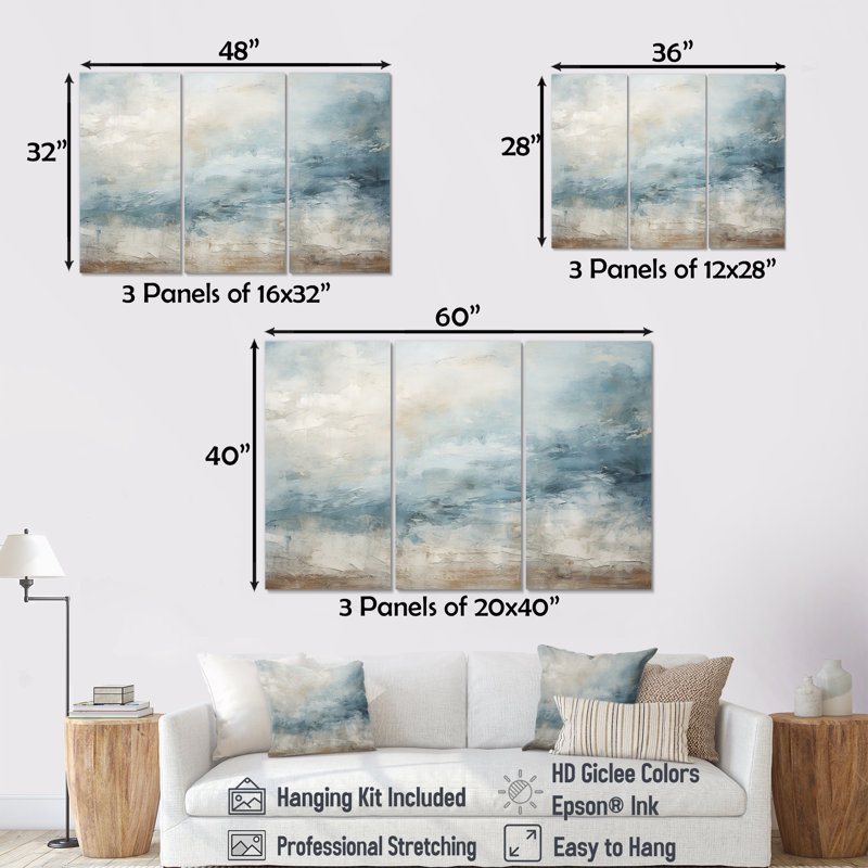 «Beige Blue Ocean Storm I», ensemble d'art sur toile à formes abstraites, H 32 po x l 48 po, Toile tendue