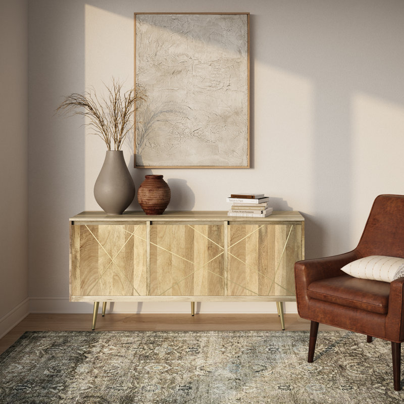 Jager 60"W Solid Mango Wood Mid-Century Contemporary 3-Door Sideboard Buffet with Geometric Brass Inlay