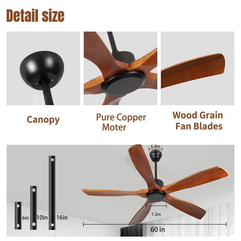 Ventilateur de plafond 60 po en bois sans lumière avec télécommande, ventilateur de plafond à profil bas sans lumière, moteur CC réversible silencieux avec minuterie