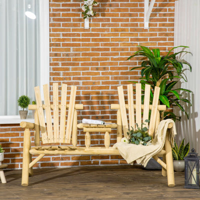 Outsunny 2-Seat Wooden Adirondack Chair, Patio Bench With Table, Outdoor Loveseat Fire Pit Chair For Porch, Backyard, Deck, Natural