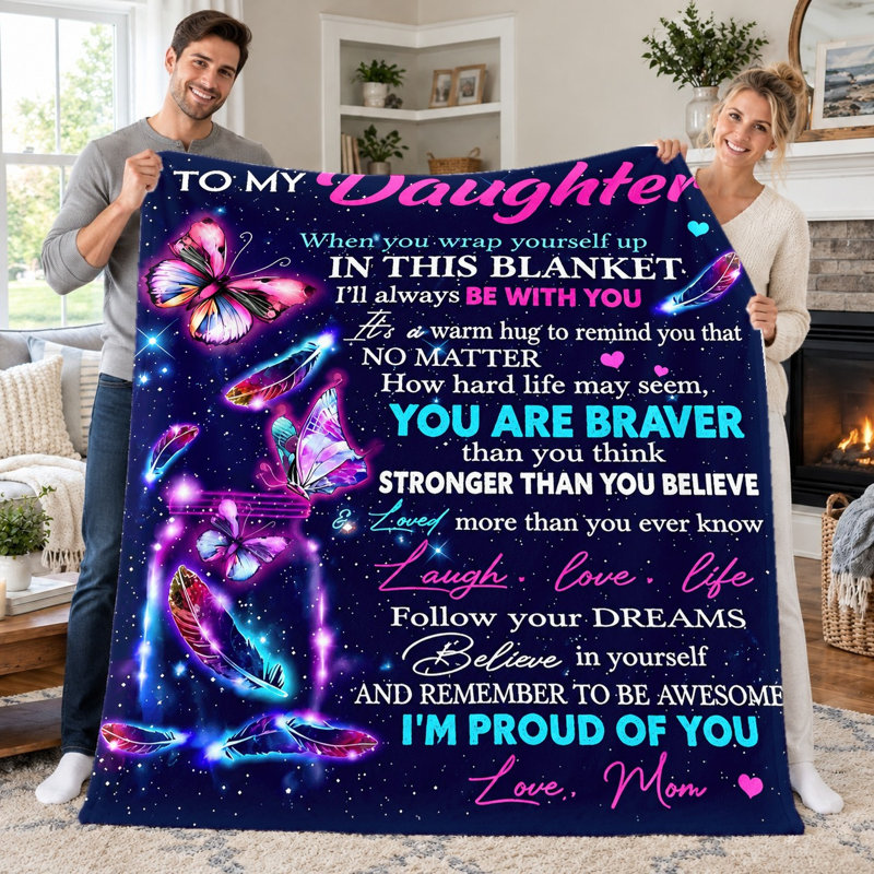Couverture en flanelle (1 pièce), message inspirant pour ma fille, imprimé papillons et plumes, douce et chaude, idéale pour canapé, lit, salon, chambre d'étudiant, bureau, voyage, décoration intérieure, cadeau toutes saisons
