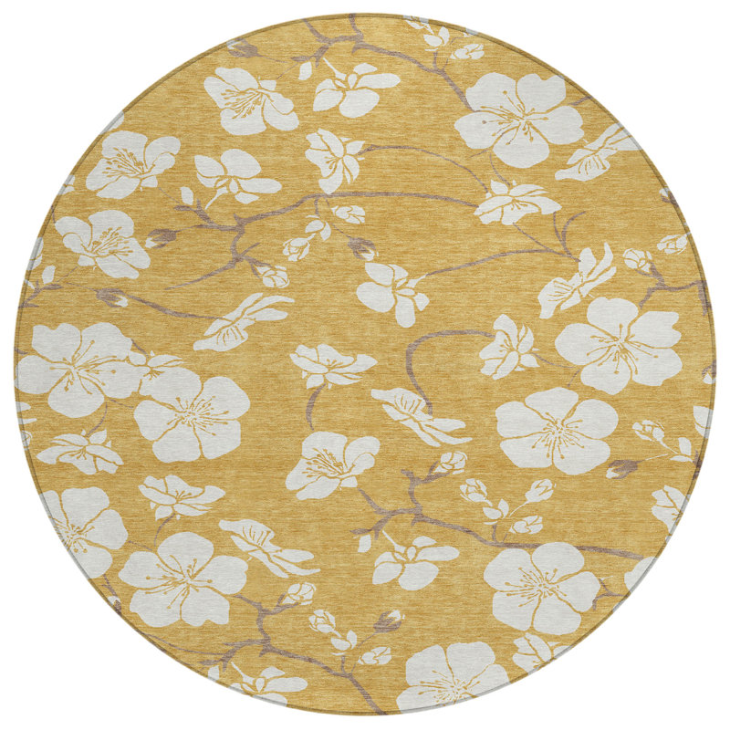 Tapis d'intérieur rond lavable floral ivoire et brun 8 pi
