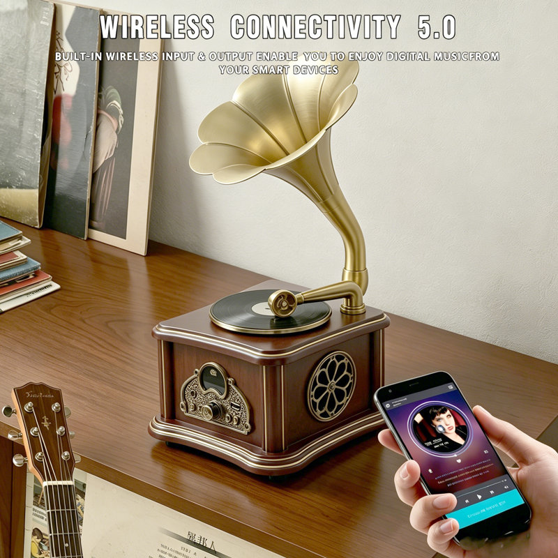 Audio stéréo, Bluetooth sans fil, mini haut-parleur Bluetooth de style rétro en bois brun foncé, entrée AUX, lecture USB et prise casque 3,5 mm