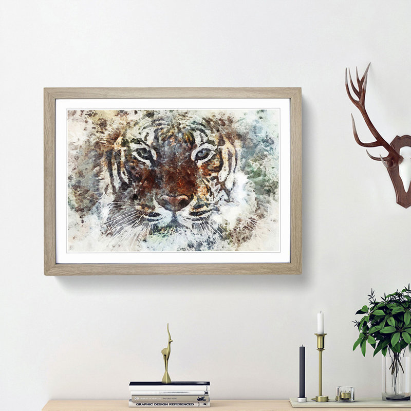 Tiger in the Blue in Abstract - Picture Frame Painting Print on MDF, Oak Framed, 48cm H x 65cm W x 2cm D