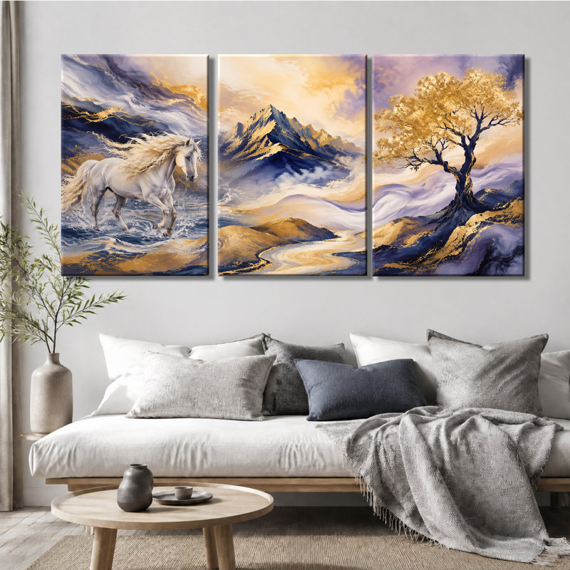 3 panneaux muraux, cheval de course, arbre de montagne doré, impression sur toile tendue pour le salon, 24 * 36 pouces * 3