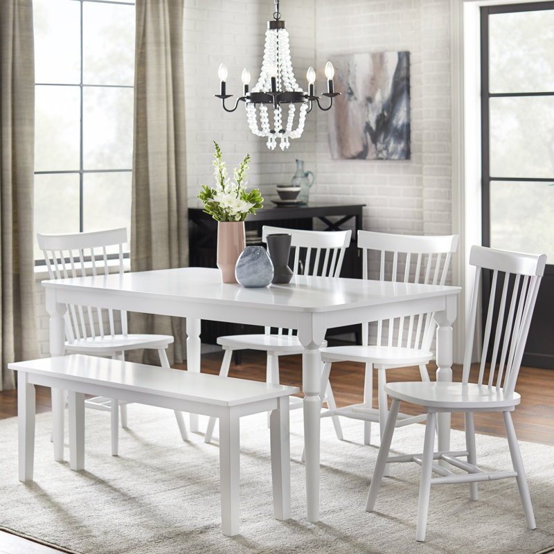 Aulii 6 - Piece Rectangle Table, Bench, Windsor Chairs Dining Set, White