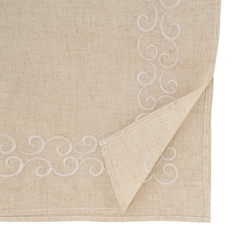 Natural Classic Embroidery Scroll Border Linen Blend Tablecloth 67" W X 67" L, 140" L x 67" D
