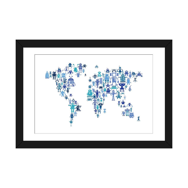 « world map series : teintes blue robots », impression sur toile tendue, H 24 po x l 32 po x P 1 po, Blanc