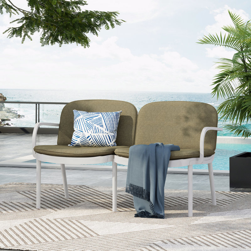Outdoor Patio Loveseat, PP White Frame With Green Cushion, Green, White