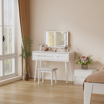 Coiffeuse de maquillage en bois massif avec miroir et 3 modes de luminosité réglables avec 3 tiroirs