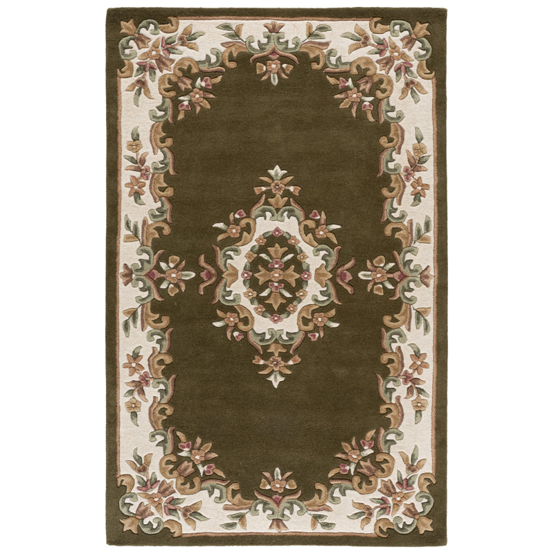 Aubusson 301 Hand Tufted Wool/Cotton Oriental Rug in Olive/Ivory, Rectangle 5' x 8'