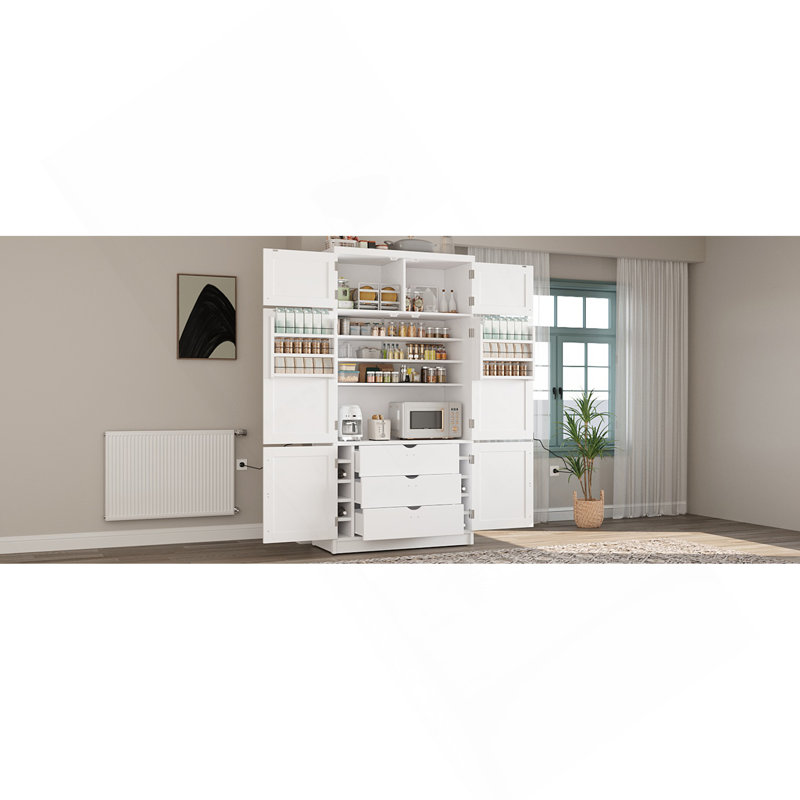 80.1'' Tall Freestanding Kitchen Pantry, 41.3''X18.2'' Large Shaker Style Storage Cabinet Cupboard With 2 Power Outlets, Adjustable Shelves And Door Shelves, White