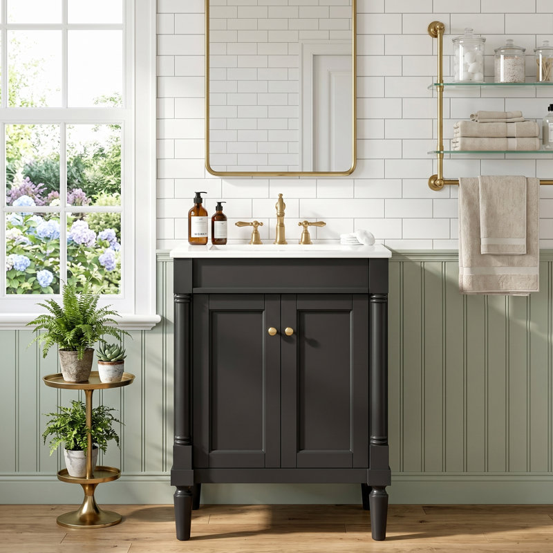 Armoire de meuble-lavabo simple 24 po avec lavabo de comptoir et grandes tablettes de rangement à 2 niveaux, Black, 24"