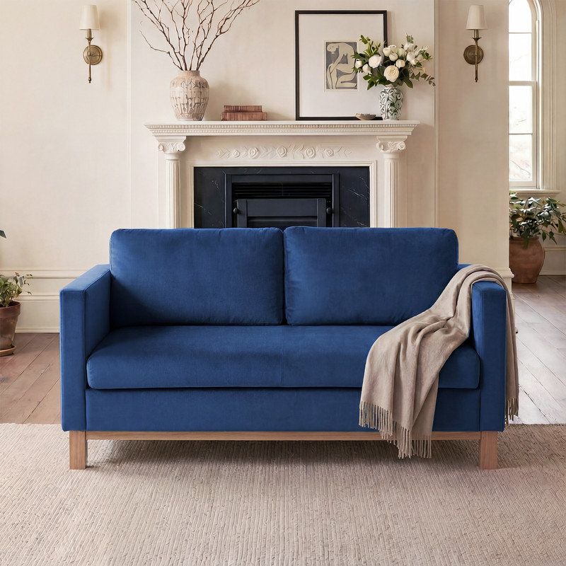  Causeuse rembourrée en velours 60 po Mid Century, Polyester bleu