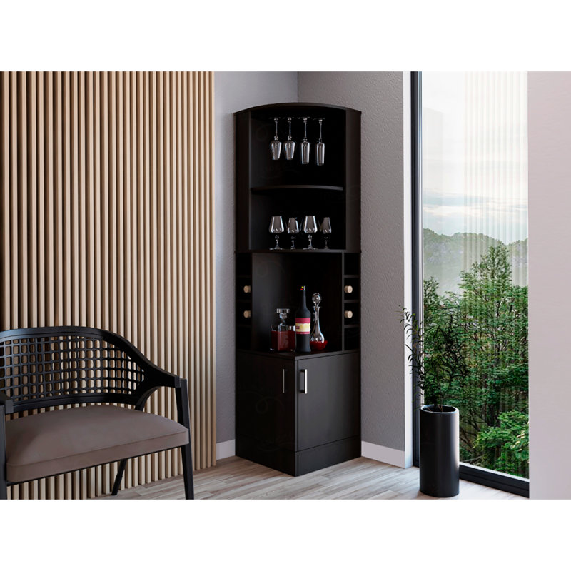 Armoire de bar d'angle, avec deux tablettes en haut, 1 porte-verre, 8 porte-bouteilles extérieurs