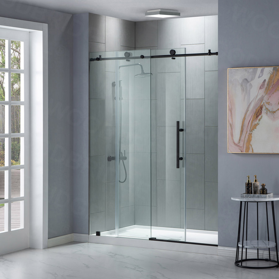 44"- 48" W x 76" H Single Sliding Frameless Shower Door with 3/8"(10mm) Explosion-Proof Clear Tempered Glass, Stainless Steel Accessories