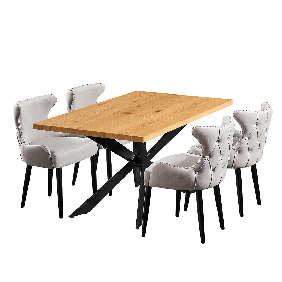 Ricky 4 Person Dining set - a Rectangular Wooden Dining Table with Metal Legs and a Set of 4 Quilted Velvet Dining Chairs for Dining Room - Modern Din
