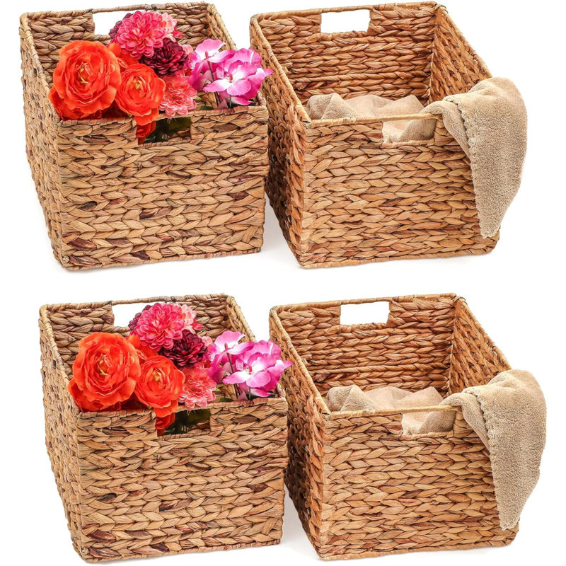 Large Foldable Rectangle Woven Wicker Basket Bins For Storage (Set Of 4)