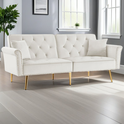 Velvet Tufted Sofa Couch With 2 Pillows And Nailhead Trim