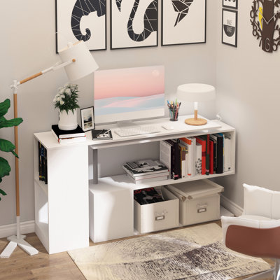 Poste de travail rotatif en L de 55 po, bureau à domicile moderne avec tablettes, blanc, peu encombrant pour la chambre à coucher, le salon, le bureau du poste de travail, 3 tablettes, bureau, pièce