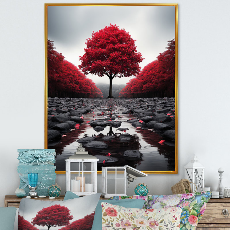 Rouge et gris forêt sérénité - art mural forêt, H 32 po x l 16 po x P 1 po, Cadre flottant doré