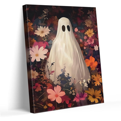 Rétro d'Halloween fantômes muraux de fleurs sauvages dans un champ de fleurs sauvages, affiche, Académie foncée, décoration, fantôme botanique, peinture murale pour salon, chambre à coucher 24 po x 30 po