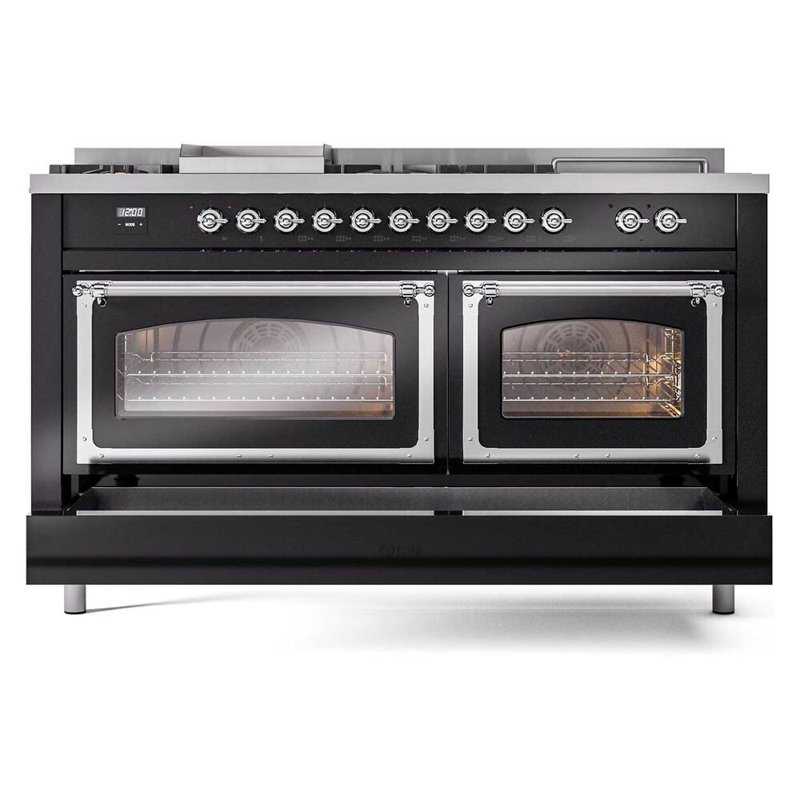 ILVE Nostalgie II Noblesse 60 po à 2 brûleurs, plaque chauffante, plaque de cuisson française, Noir brillant et chrome