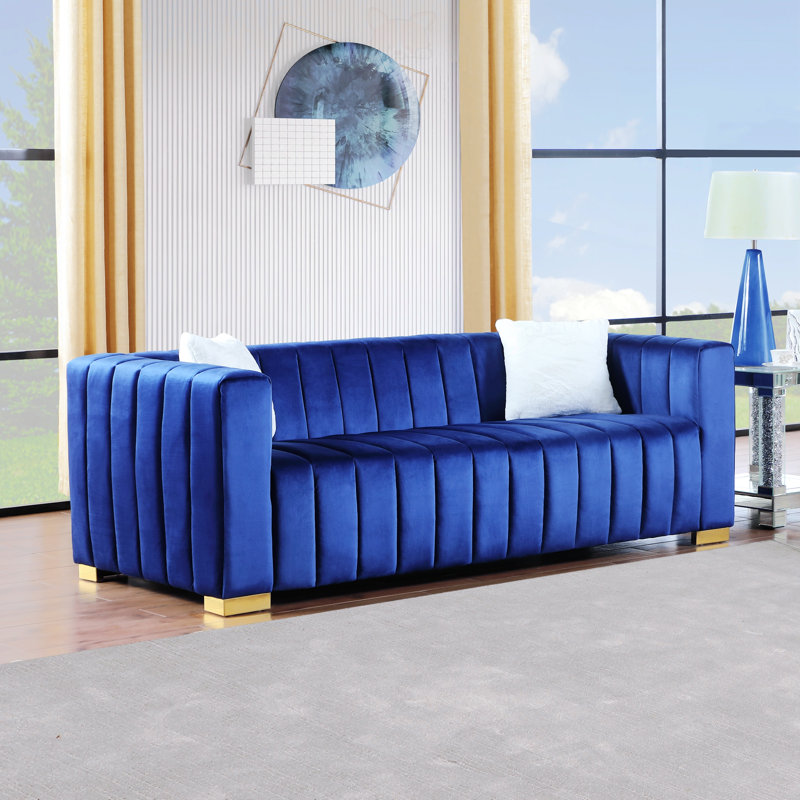 Clifford 62.6" Velvet Square Arm Loveseat, Gold, Blue/Gray, 27.56" H x 62.6" W x 33.86" D