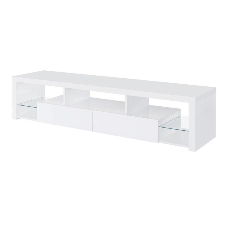 Meuble télé 71 po à 2 tiroirs en bois d'ingénierie blanc ultrabrillant