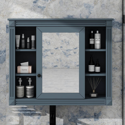 Armoire à pharmacie avec miroir, armoire de salle de bain murale 35 po x 28 po avec porte et 6 tablettes ouvertes, armoire de salle de bain avec miroir
