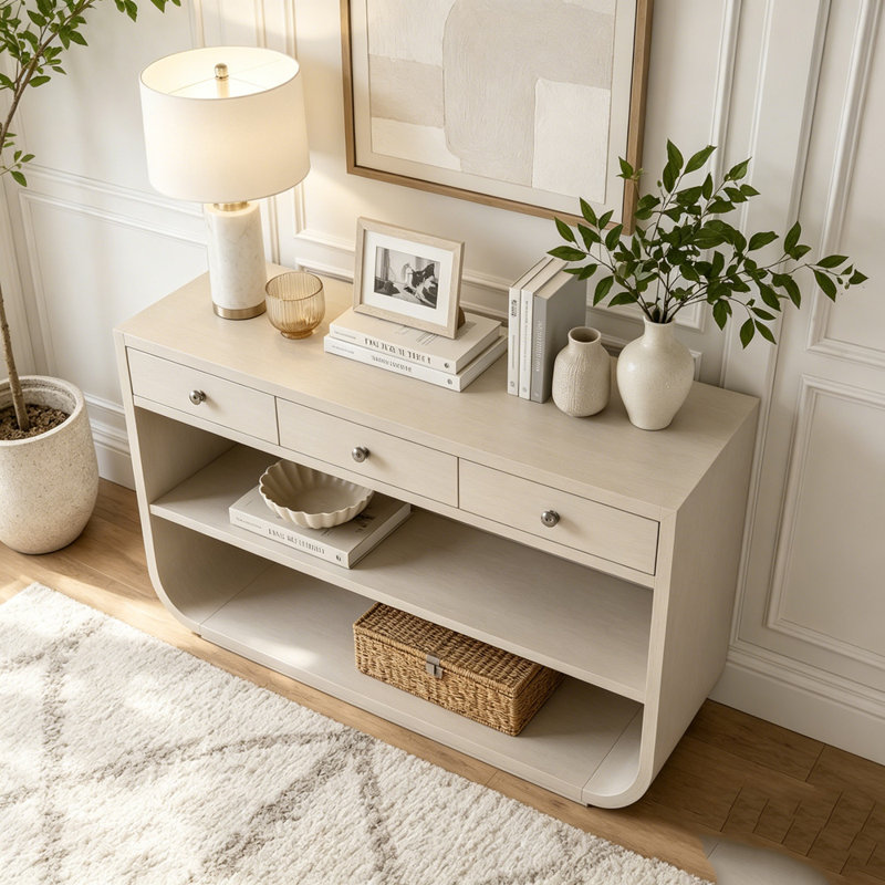 Console moderne avec 3 tiroirs à fermeture en douceur et 2 tablettes ouvertes, White