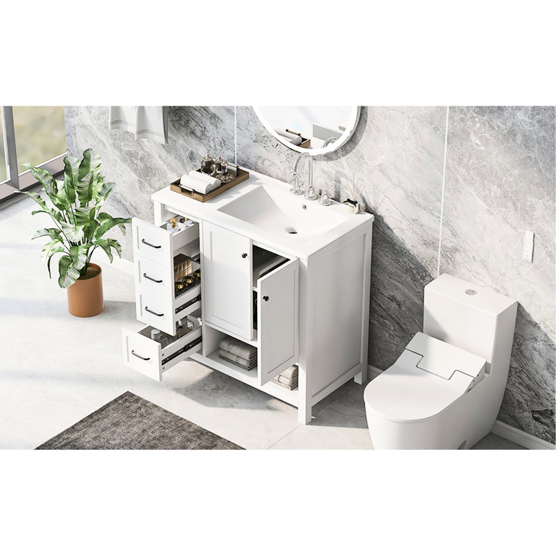 Meuble-lavabo blanc de 91 cm (36 po) avec lavabo, construction en bois massif, un meuble à deux portes, tiroirs, tablette ouverte, finition peinture à l'eau, assemblage requis.