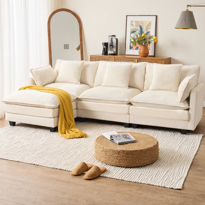 Canapé modulaire en L avec repose-pieds, canapé rembourré en chenille 3 places pour salon et appartement, dossier rembourré avec repose-pieds mobile, design moderne américain