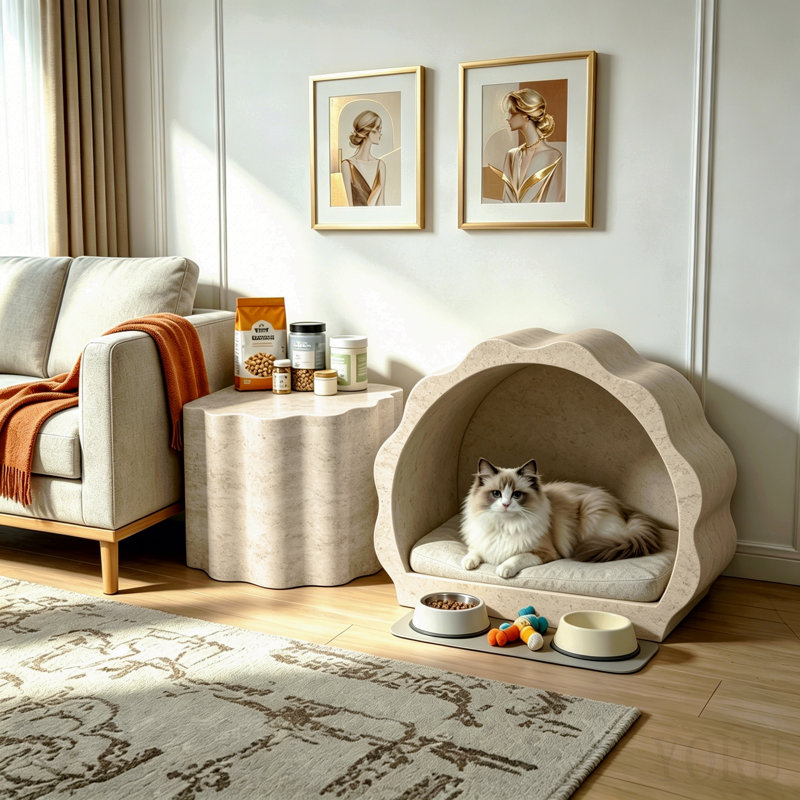 Ensemble de 2 tables basses rondes gigognes en bois avec lit pour animaux de compagnie, style moderne et minimaliste, pour salon, appartement, balcon ou bureau. Couleur beige, sans assemblage.