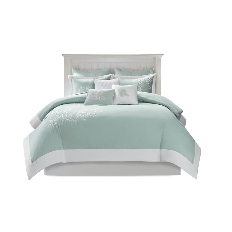 Literie 100% coton très grand / très grand - avec broderie corail et édredon bordé