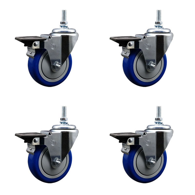 4 Inch_Polyurethane 3/8 Inch Threaded Stem Caster Set with Brake, Blue