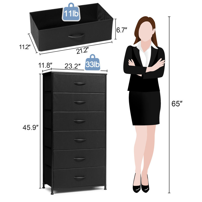 23.2" Wide 6-drawer Dresser, Black, Black