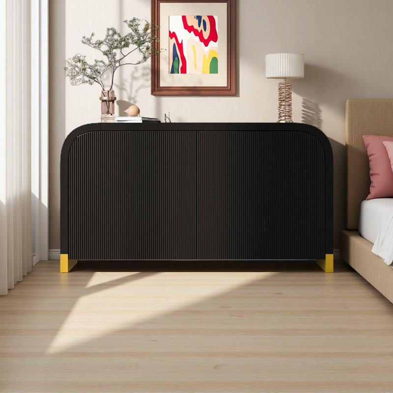 Armoire à panneau ondulé 4 portes à 4 portes avec tablettes réglables, idéale pour le bureau, le salon et l'entrée, Noir