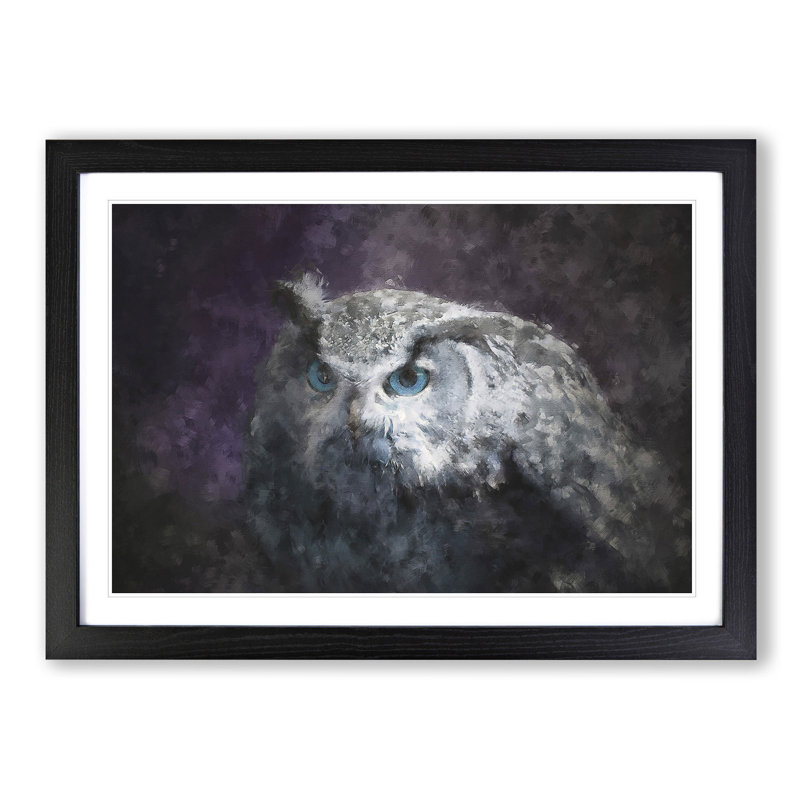 Blue Eyed Eurasian Eagle Owl Painting - Single Picture Frame Print on MDF, Black, 24cm H x 33cm W x 2cm D