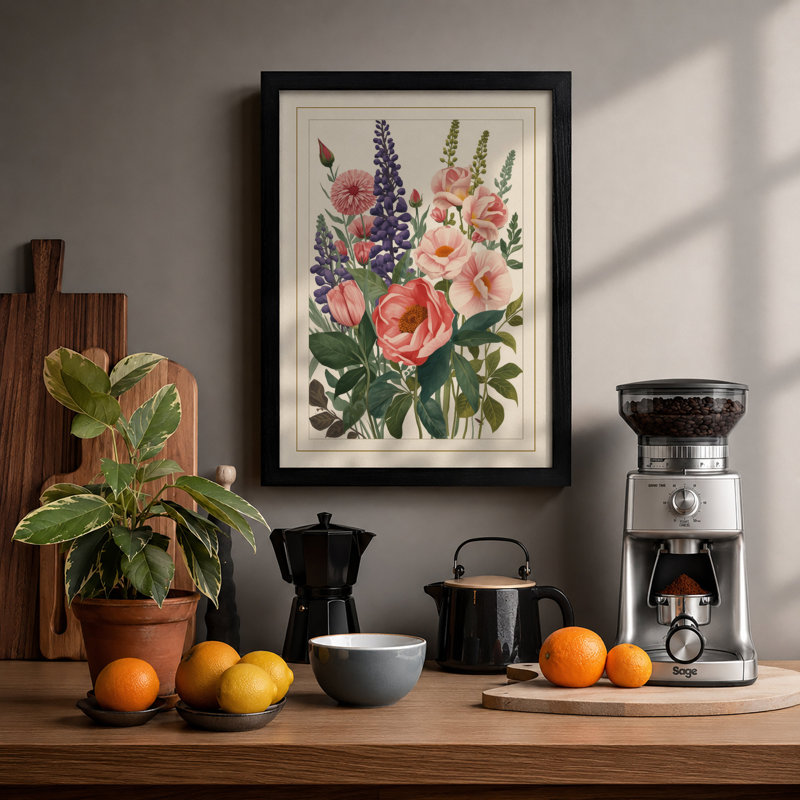 Pink Roses and Delphiniums Botanical - Framed Print, A3 - 42.0 x 29.7 cm, Black