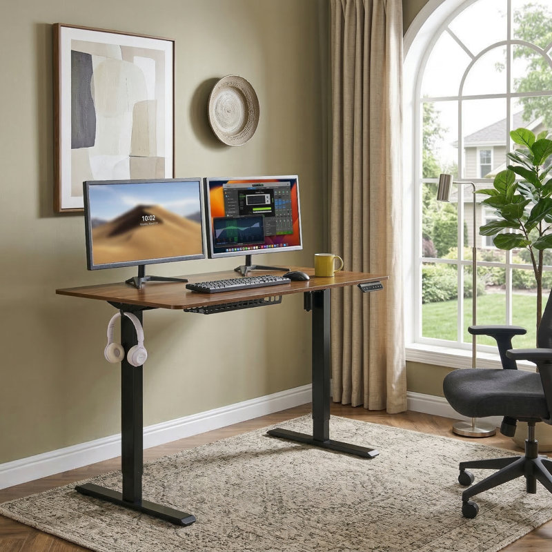 Bureau debout électrique réglable en hauteur 24 po x 48 po avec fonction assis-debout pour bureau à domicile, finition noyer foncé