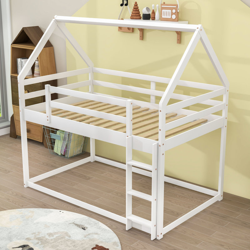 Twin Over Twin Wood Low Bunk Bed With Ladder And Guardrails, House-Shaped Design, White