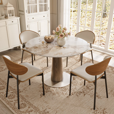 Aversa 5PCS Round Dining Set, Dual Finish Metal Pedestal Base, Modern Farmhouse Dining Table Set For Apartment And Breakfast Nook