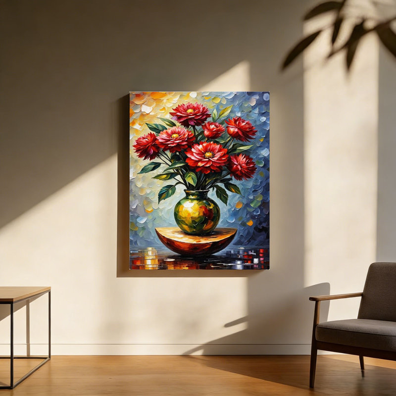 Impressionnant dahlias rouges impressionnistes, art mural en bois à l'arrière 30 L x 20 l